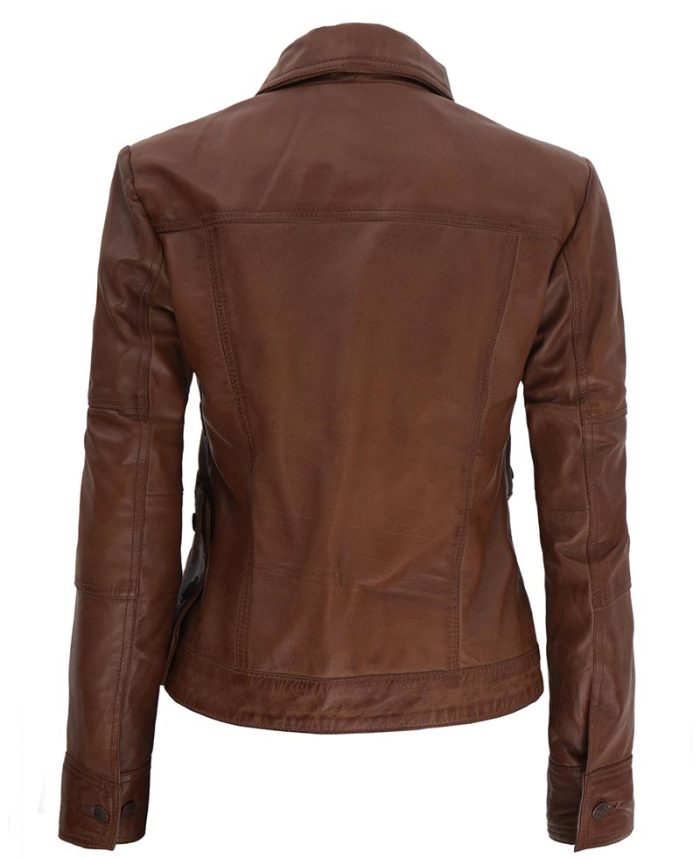 Audrey Button Style Brown Leather Moto Jacket Womens - Image 3
