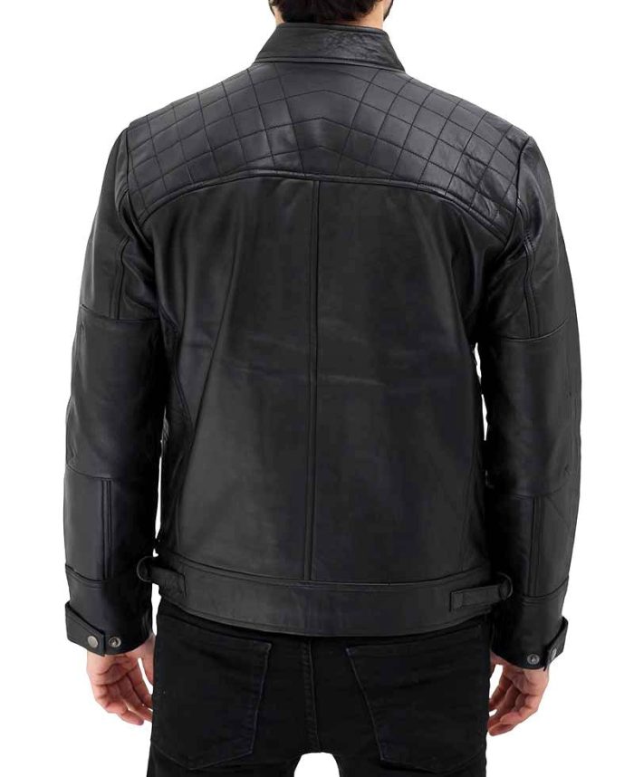 Black Mens Quilted Leather Cafe Racer Jacket With Snap Button Collar - Image 2