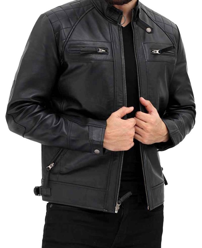 Black Mens Quilted Leather Cafe Racer Jacket With Snap Button Collar - Image 3