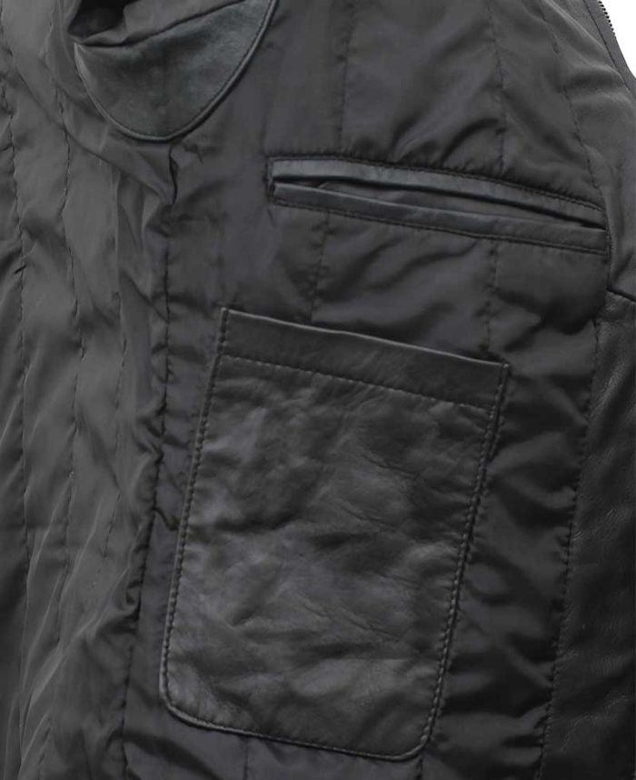 Black Mens Quilted Leather Cafe Racer Jacket With Snap Button Collar - Image 4