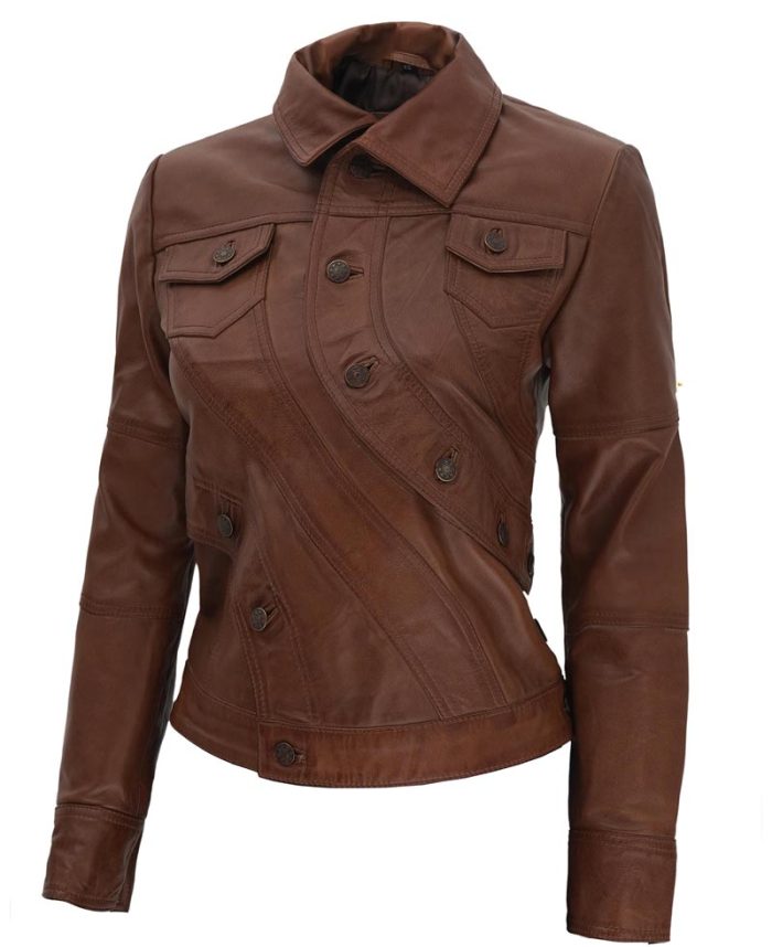 Audrey Button Style Brown Leather Moto Jacket Womens - Image 2