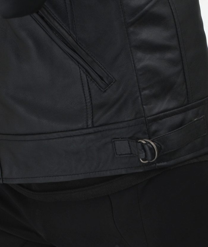 Black Mens Quilted Leather Cafe Racer Jacket With Snap Button Collar - Image 5