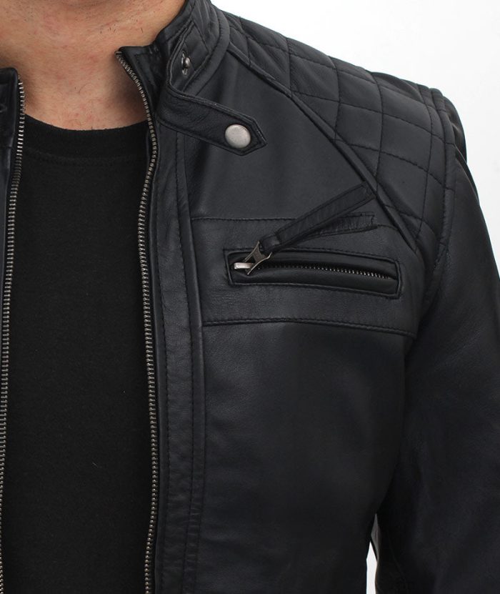 Black Mens Quilted Leather Cafe Racer Jacket With Snap Button Collar - Image 6