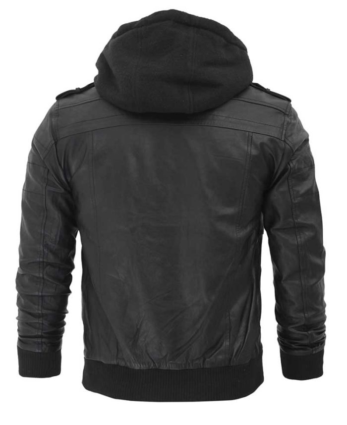 Edinburgh Mens Black Leather Jacket with Removable Hood - Image 7