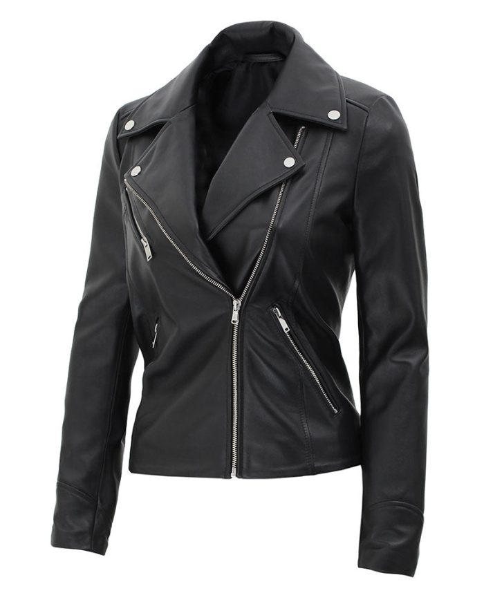 Rita Womens Asymmetrical Leather Moto Jacket Black - Image 2