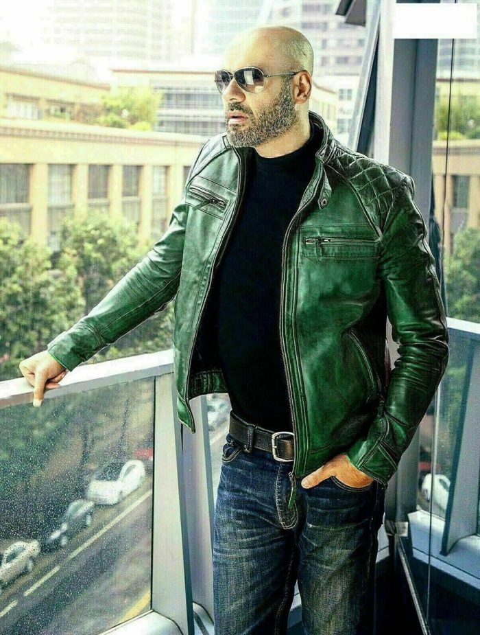 Diamond Classic Green Blue Biker Motorcycle Men Retro Genuine Leather Jacket