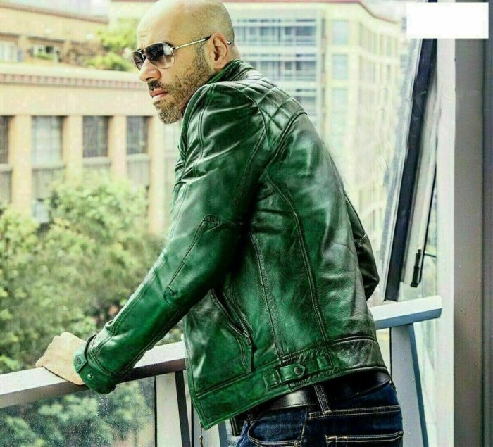 Diamond Classic Green Blue Biker Motorcycle Men Retro Genuine Leather Jacket - Image 2