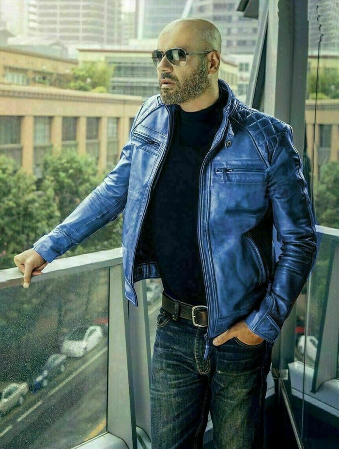 Diamond Classic Green Blue Biker Motorcycle Men Retro Genuine Leather Jacket - Image 3