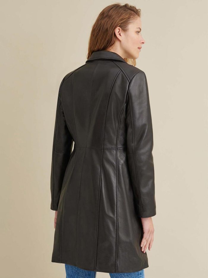 Nora button down black leather trench coat for women - Image 2