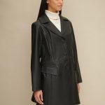 Plus size button front black leather trench for women