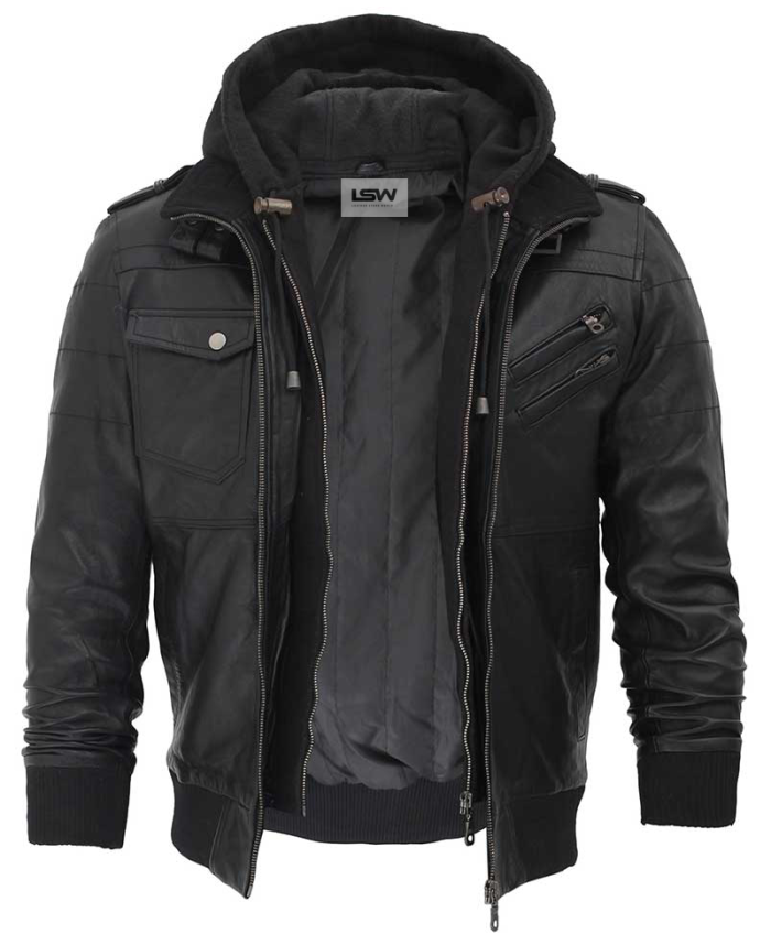 Edinburgh Mens Black Leather Jacket with Removable Hood - Image 4