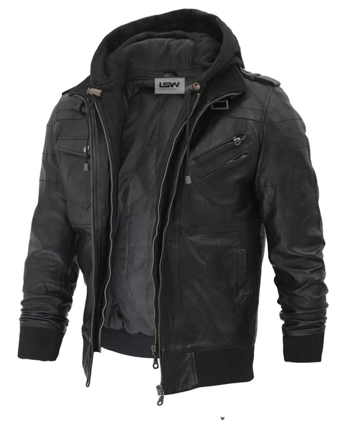 Edinburgh Mens Black Leather Jacket with Removable Hood - Image 2