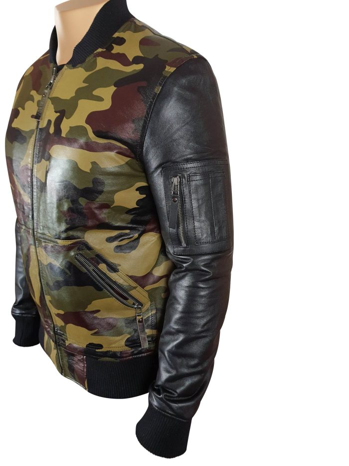 Bomber Camouflage Military print leather jacket with Back sleeves - Image 4