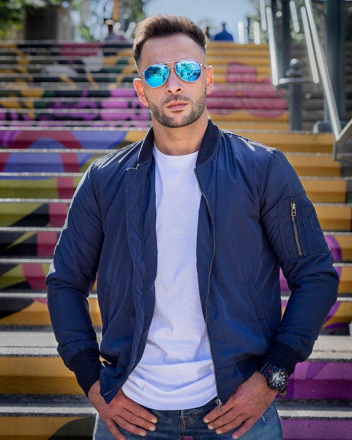 Zak’s blue Nylon flight jacket with ribbed waist - Image 2