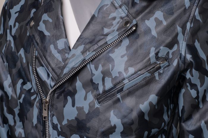 Aman Dowling’s Blue Camouflage biker style jacket - Image 4