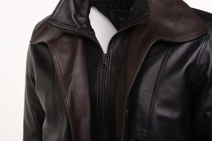 Byrne’s brown and black Aviator style leather jacket with spread collars - Image 4