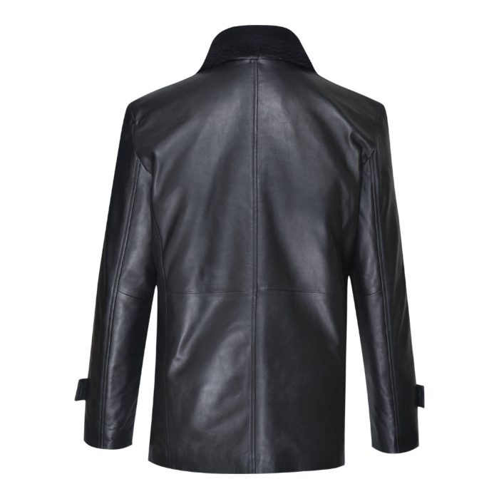 Eric’s black leather car coat with fur collar - Image 2